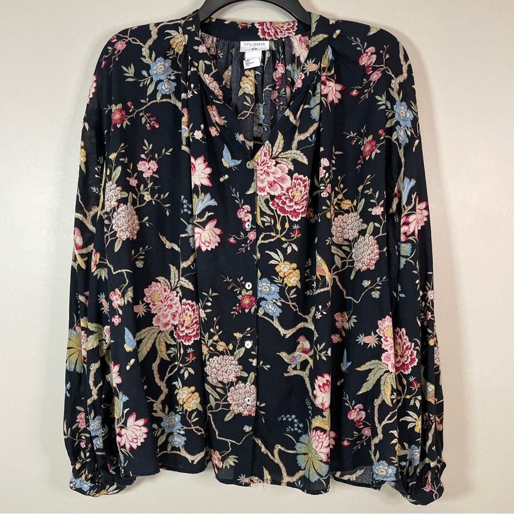 H&M Black Floral Button-Down Shirt with Pink, Blue, and Cream Flowers